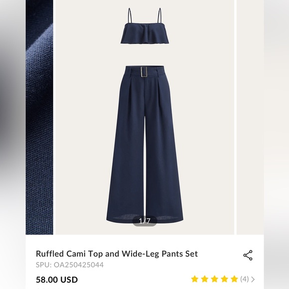 Commense Pants - Commense Ruffled Cami Top and Wide-Leg Pants set in Blue - Size Small